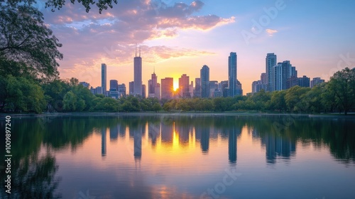 Chicago Skyline Reflected in Water at Sunset