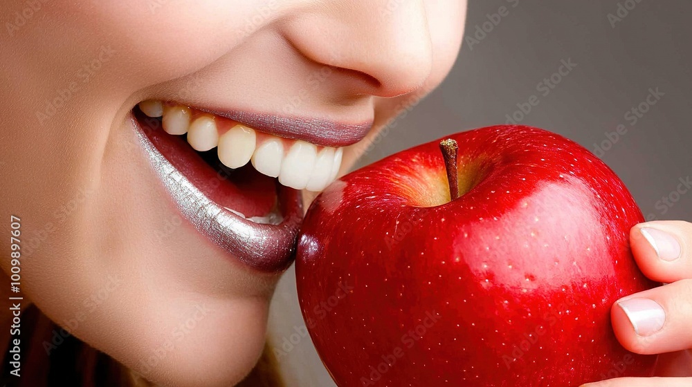A woman smiling while biting into a red apple with a bite removed A woman smiling while biting into a red apple with a bite removed