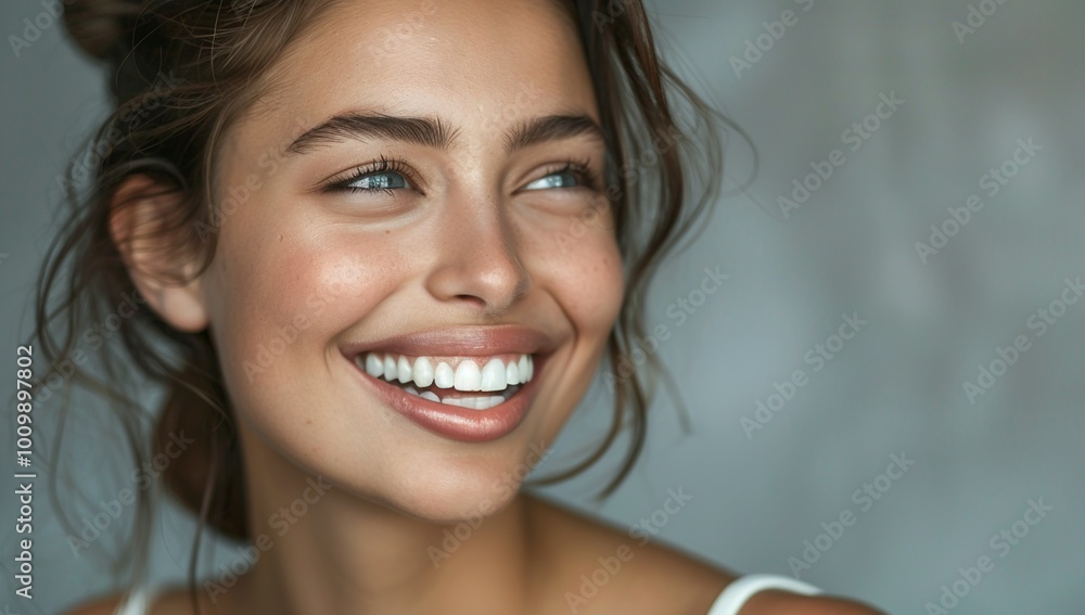 Naklejka premium Close up of a beautiful woman smiling with perfect teeth and white skin...