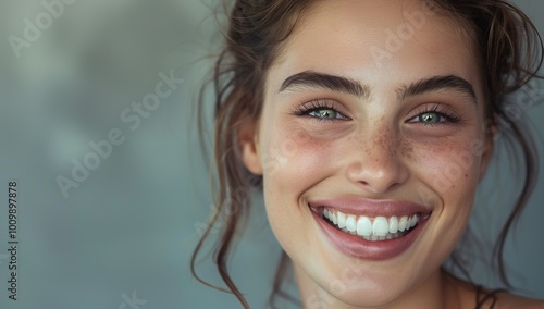 Close up of beautiful woman smiling with white teeth against a grey...