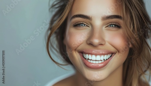 Close up of beautiful woman smiling with white teeth against a grey...