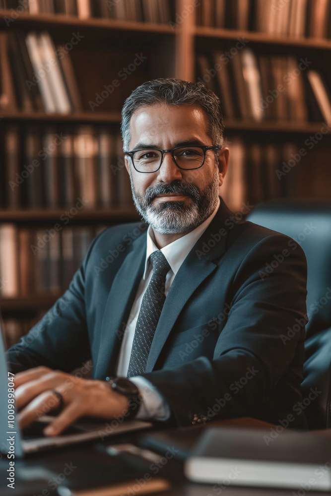 A middle-aged Brazilian attorney involved in a video conference, surrounded by inspiring legal literature and a dynamic office environment, showcasing professionalism. A middle-aged Brazilian attorney involved in a video conference, surrounded by inspiring legal literature and a dynamic office environment, showcasing professionalism.