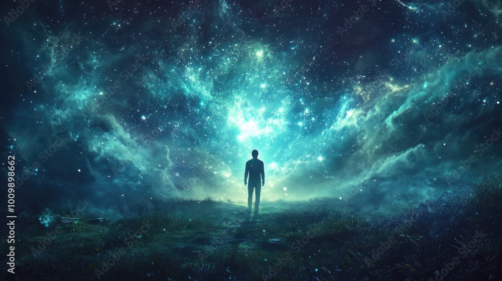 A Solitary Figure Gazes Up at a Glowing Starry Sky A Solitary Figure Gazes Up at a Glowing Starry Sky