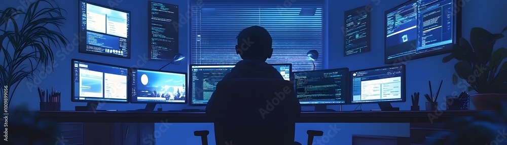A focused individual at multiple computer screens, immersed in data analysis, showcasing modern technology and workspace environment. A focused individual at multiple computer screens, immersed in data analysis, showcasing modern technology and workspace environment.