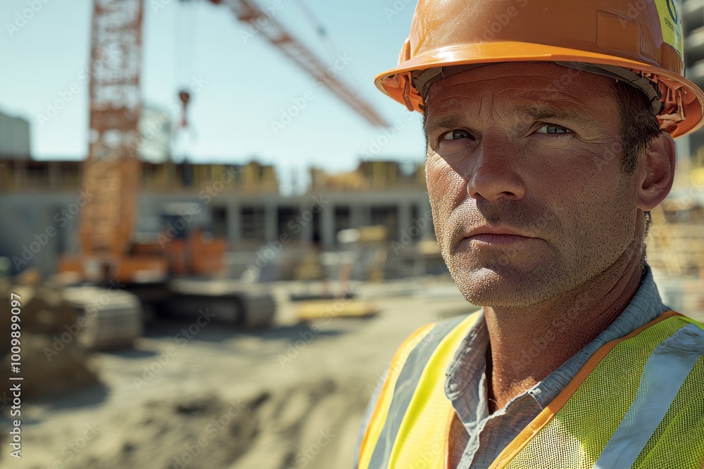 Construction worker observing a building site. Construction worker observing a building site.