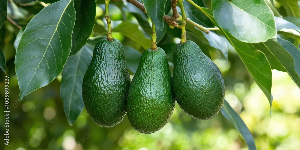 Three ripe avocados hanging on a tree branch surrounded by green leaves. Three ripe avocados hanging on a tree branch surrounded by green leaves.