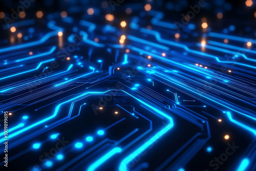 A mesmerizing futuristic blue background with neon circuit boards and dynamic abstract data flows illuminating the scene. The bright, flowing lines symbolize connectivity and the pulse of modern