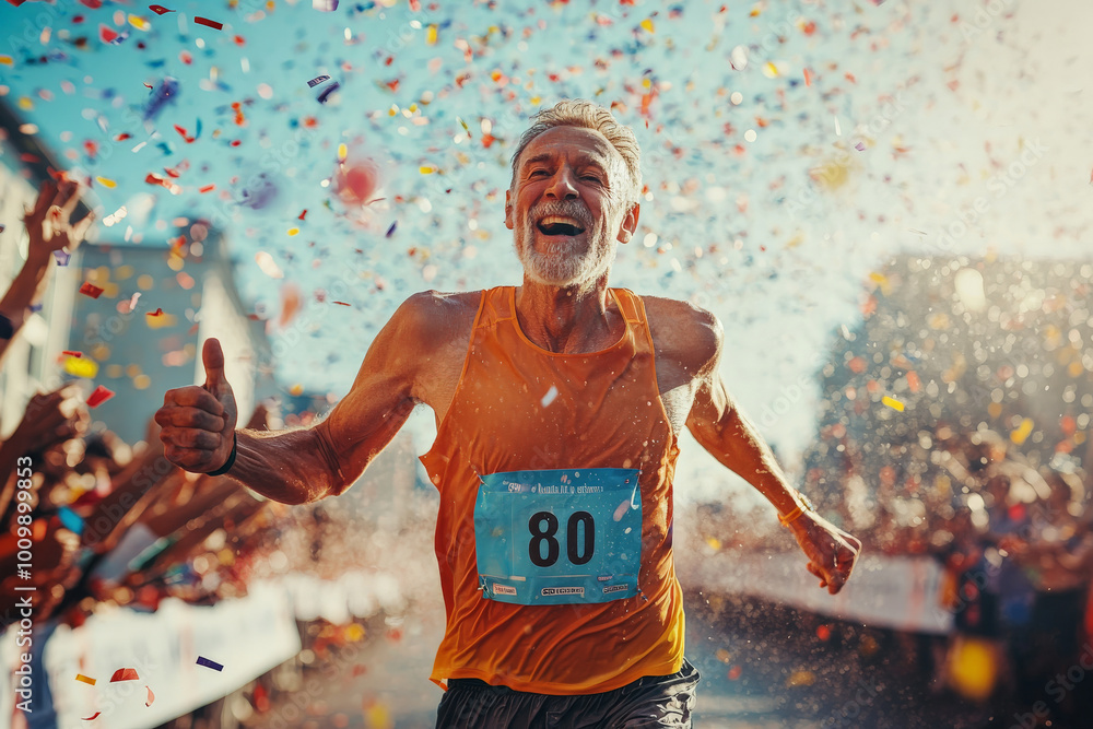 Obraz premium A middle-aged Caucasian runner crossing the finish line, displaying a mixture of fatigue and triumph. The exuberant crowd and confetti rain down, highlighting the celebration of completing the