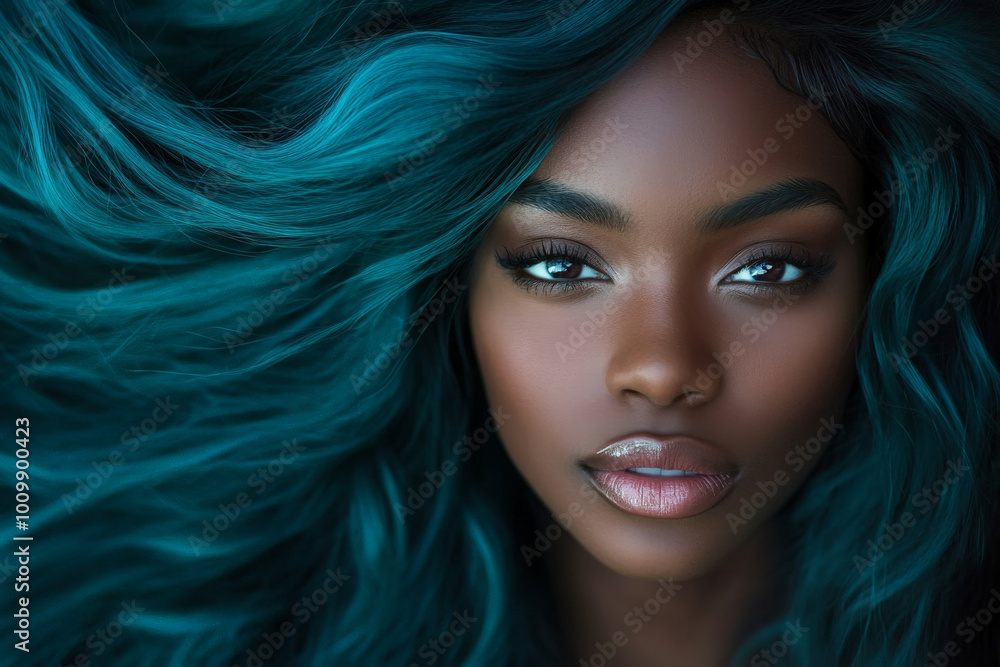 Fototapeta premium Close-up of a young African American woman with hair flowing like ocean waves in hues of teal and sapphire, set against a solid black background. The professional lighting and makeup highlight her