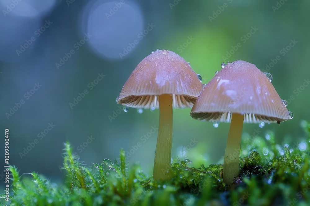 Two delicate mushrooms with droplets on them, surrounded by lush green moss. Two delicate mushrooms with droplets on them, surrounded by lush green moss.