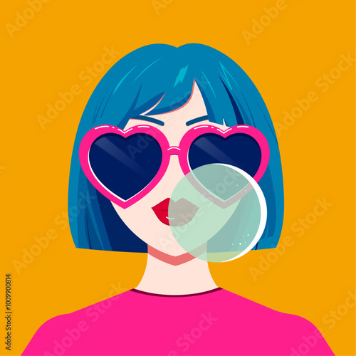 Nice girl inflating a bubble from a chewing gum. Young smiling girL with heart-shaped glasses and blue hairs.