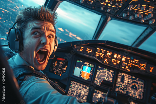 A young Caucasian pilot with a humorous look of panic while communicating with his co-pilot in the cockpit. The dynamic setting and his expression create a funny aviation moment.