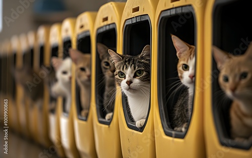 A row of curious cats peeking out from yellow cubby spaces, showcasing their vibrant personalities and playful nature. photo