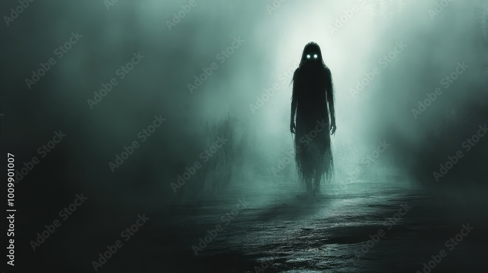 A shadowy figure with luminous eyes materializes from the darkness, evoking a chilling ambiance ideal for horror-themed creations. A shadowy figure with luminous eyes materializes from the darkness, evoking a chilling ambiance ideal for horror-themed creations.