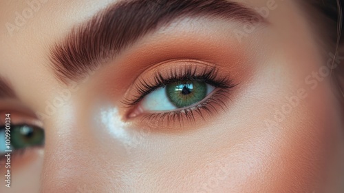 Close-up of womans face with perfect makeup and green eyes. 