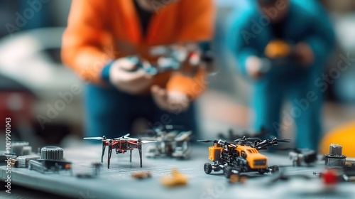 Two individuals working with miniature drones and vehicles on a table in a workshop setting.