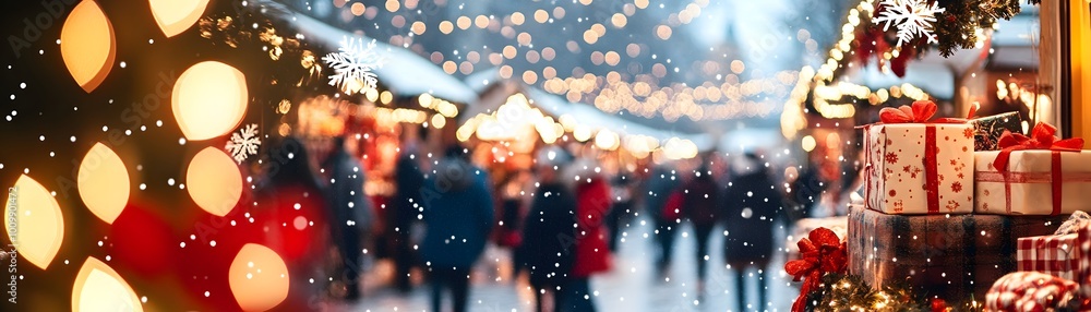 A festive market scene adorned with twinkling lights and colorful gifts, capturing the joyful spirit of the holiday season. A festive market scene adorned with twinkling lights and colorful gifts, capturing the joyful spirit of the holiday season.