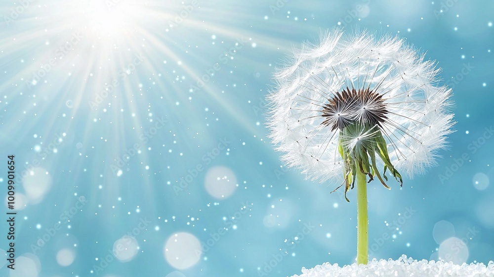 A dandelion perched atop a snow-covered field, bathed in sunlight from behind the sky A dandelion perched atop a snow-covered field, bathed in sunlight from behind the sky