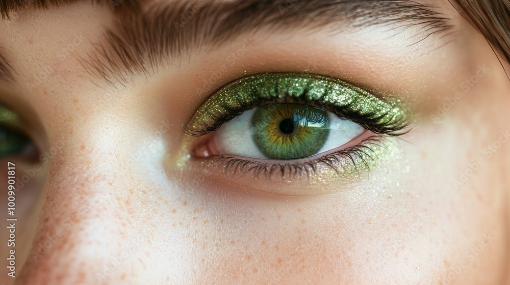 Obraz premium Makeup Beauty close-up portrait of young women with green eyes, skincare, cosmetics, perfect eyelashes.