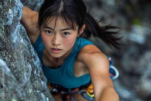 A young Japanese climber with an expression of determination as she navigates a challenging cliff. The rugged mountain terrain provides a stunning contrast to her focus and skill. photo