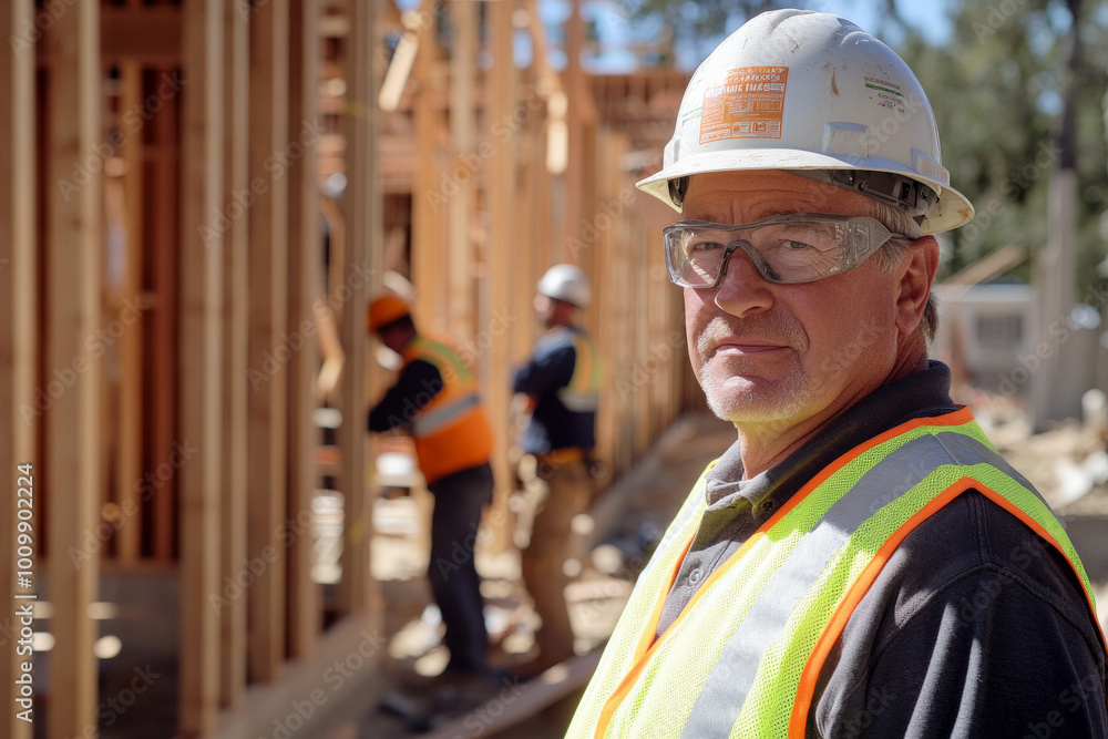 A senior Caucasian construction worker, focused on supervising the house construction, wearing a hard hat and safety vest, while other workers are seen actively engaged in the background. A senior Caucasian construction worker, focused on supervising the house construction, wearing a hard hat and safety vest, while other workers are seen actively engaged in the background.