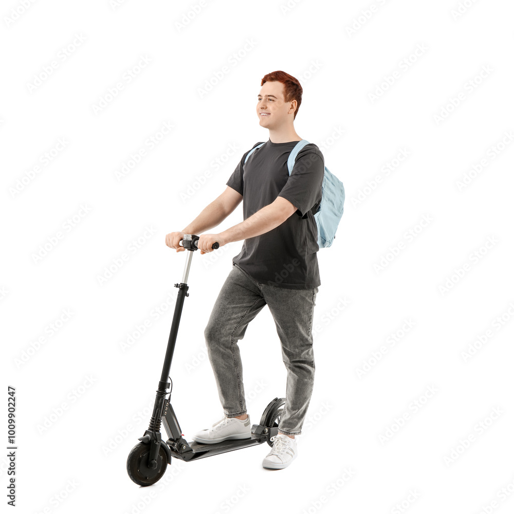 Happy young man with modern electric kick scooter on white background Happy young man with modern electric kick scooter on white background