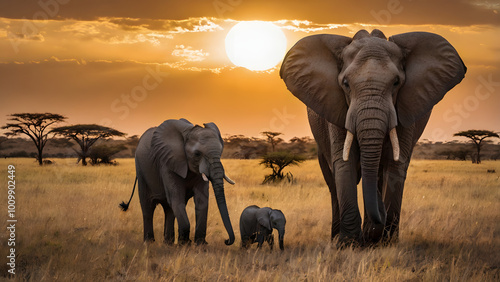 Elephant Family Walking on the African Savannah at Dusk: Fabulous Wildlife Photography and Safari Adventure generative ai