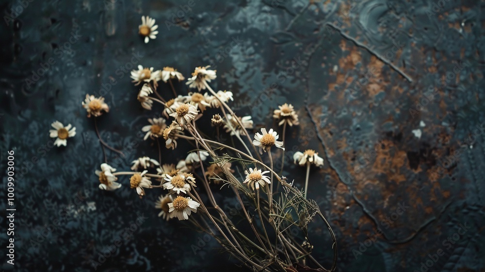 Fototapeta premium A group of tiny white blossoms rest atop a darkened background with a weathered metal backdrop nearby