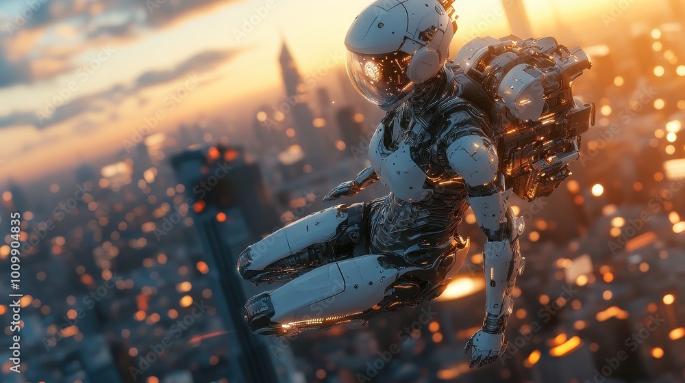 A flying robot or cyborg woman in a superhero iron suit. Robotic girl ...