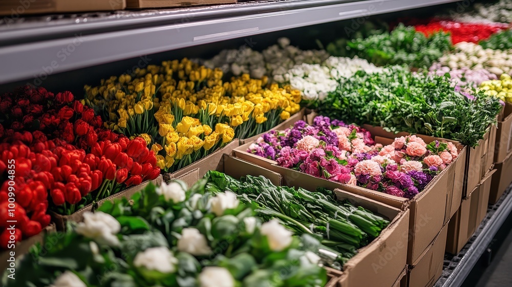 a lot of flowers packed in boxes refrigerator warehouse a lot of flowers packed in boxes refrigerator warehouse
