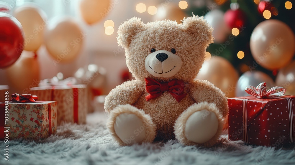 Generative AI illustration of soft teddy bear toy placed on floor near christmas gifts in light room at home against blurred balloons Generative AI illustration of soft teddy bear toy placed on floor near christmas gifts in light room at home against blurred balloons
