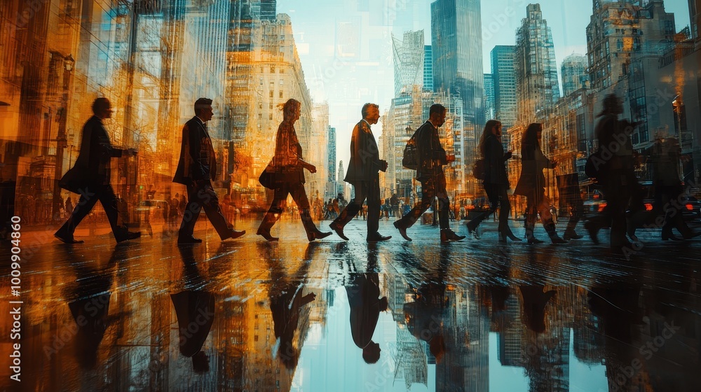 Generative AI image of business people walking in New York