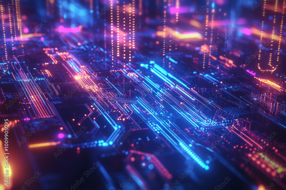 A stunning blue backdrop featuring a network of neon circuit boards and flowing abstract data streams. The bright, interconnected elements symbolize the power of technology and the digital future. A stunning blue backdrop featuring a network of neon circuit boards and flowing abstract data streams. The bright, interconnected elements symbolize the power of technology and the digital future.