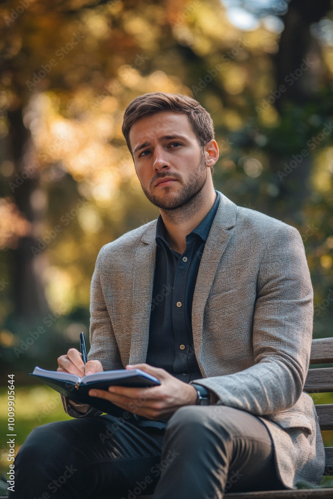 Fototapeta premium A young adult Caucasian man in smart casual attire, sitting on a park bench, with a pensive look as he sketches ideas in a notebook, surrounded by nature.