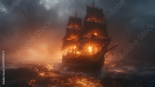 A huge pirate ship sails on a stormy sea.