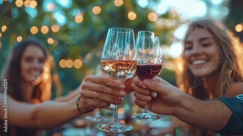 Happy friends having fun outdoor. Group of friends having backyard dinner party together. Young people sitting at bar table toasting wine glasses in vineyards garden. digital ai