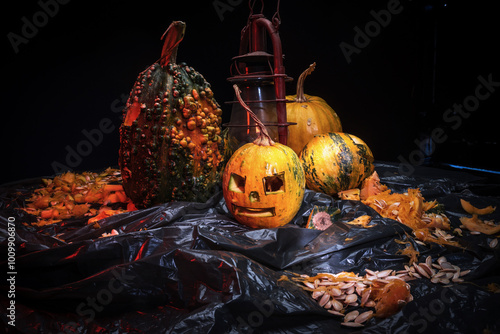 art scary Halloween with pumpkins and an old kerosene lamp in a red light preparation for the celebration in a dark room  photo