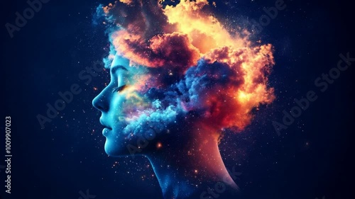 A creative brain with swirling rainbow clouds and light illustrating imaginative thought and inspiration in a cosmic atmosphere