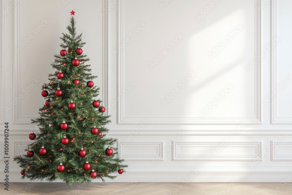 Christmas tree in front of a empty white mock-up wall, 3D Rendering, 3D Illustration with generative ai Christmas tree in front of a empty white mock-up wall, 3D Rendering, 3D Illustration with generative ai
