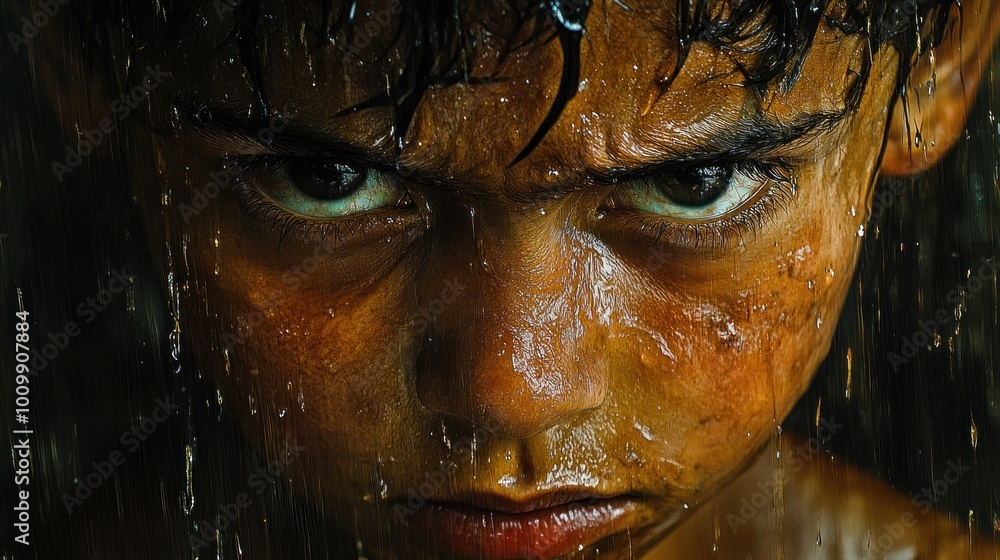 Intense portrait of a boy with water cascading, conveying emotion. Intense portrait of a boy with water cascading, conveying emotion.