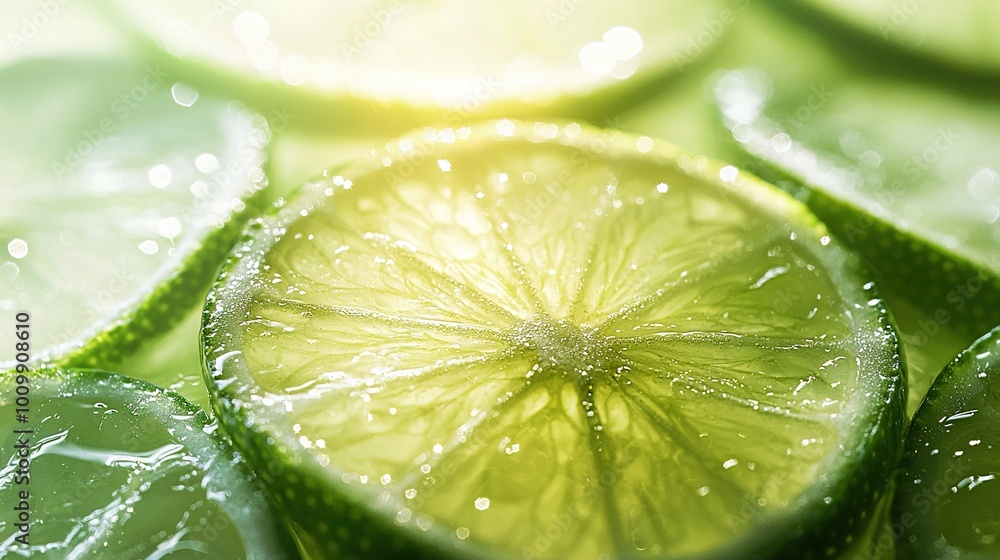 Lime wedge on lime stack with droplets above Lime wedge on lime stack with droplets above