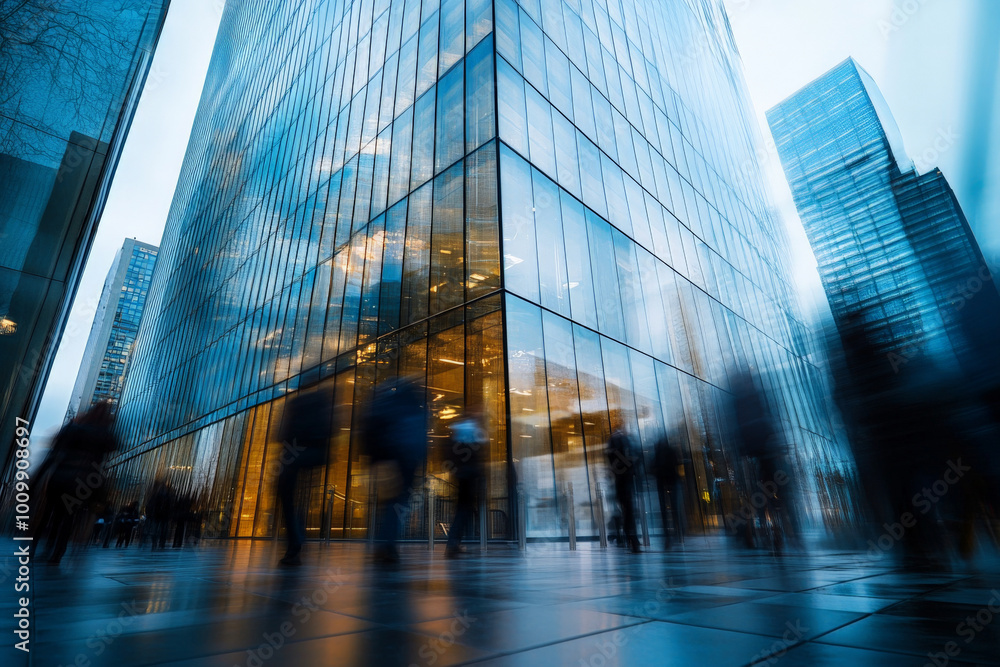 A dramatic perspective of a large corporate building, showcasing the motion blur of workers rushing to work in the foreground. The scene is alive with energy, reflecting the vibrancy and activity of