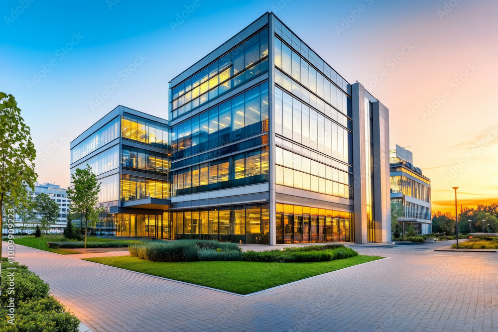 Obraz premium A sleek modern office building with large glass panels reflecting the warm hues of the evening sky, surrounded by well-manicured greenery and a smooth paved walkway leading to the entrance.