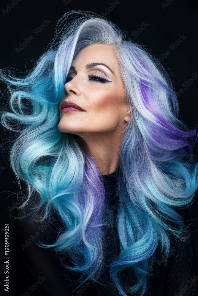 A senior Brazilian woman with hair flowing like colorful ocean waves in shades of blue and purple, set against a black background. The flawless makeup and studio lighting emphasize her elegant A senior Brazilian woman with hair flowing like colorful ocean waves in shades of blue and purple, set against a black background. The flawless makeup and studio lighting emphasize her elegant