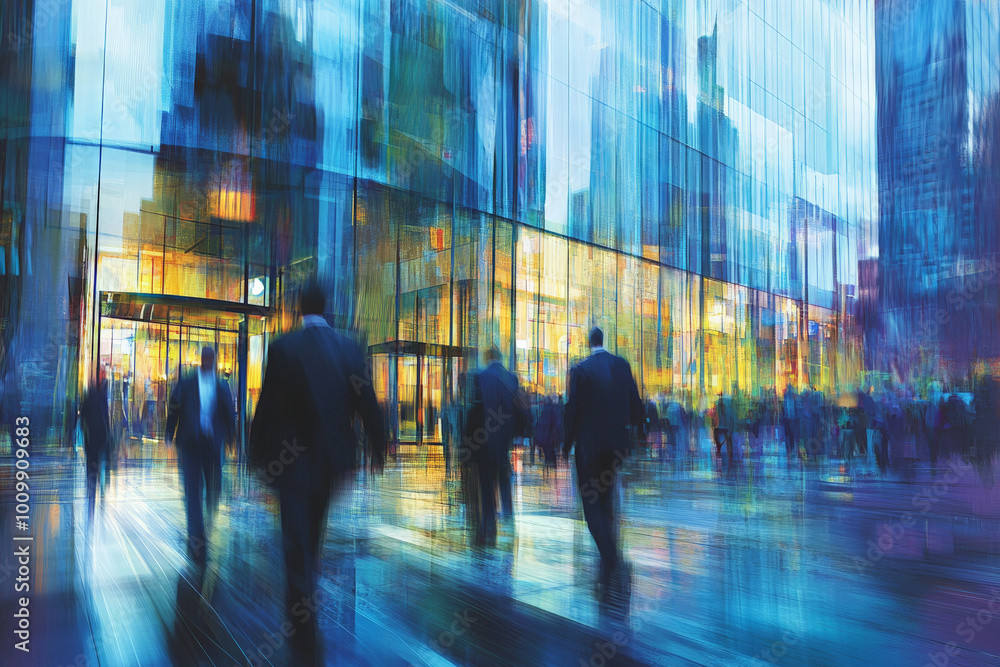 A large office complex bustling with activity, highlighted by motion blur of workers in suits heading into the building. The energetic scene conveys the intensity of corporate life, set against a A large office complex bustling with activity, highlighted by motion blur of workers in suits heading into the building. The energetic scene conveys the intensity of corporate life, set against a