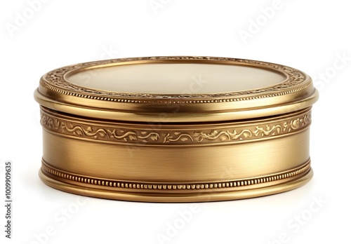 a round gold container with a white lid

