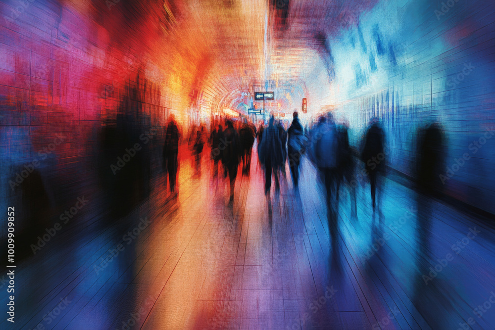 A vibrant scene depicting the hurried movement of individuals in an underground walkway, their forms indistinct due to the blur. The atmosphere is filled with urban energy, reflecting the constant A vibrant scene depicting the hurried movement of individuals in an underground walkway, their forms indistinct due to the blur. The atmosphere is filled with urban energy, reflecting the constant