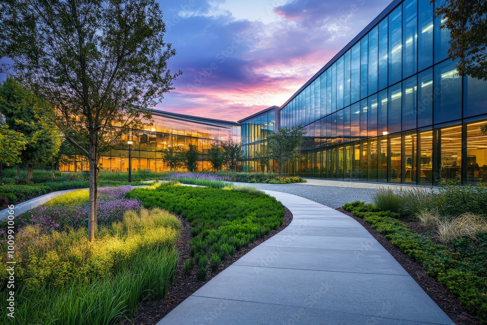 A modern glass-paneled office building reflecting the vibrant colors of the evening sky, surrounded by lush, well-groomed greenery and a sleek, paved walkway cutting through the garden. A modern glass-paneled office building reflecting the vibrant colors of the evening sky, surrounded by lush, well-groomed greenery and a sleek, paved walkway cutting through the garden.