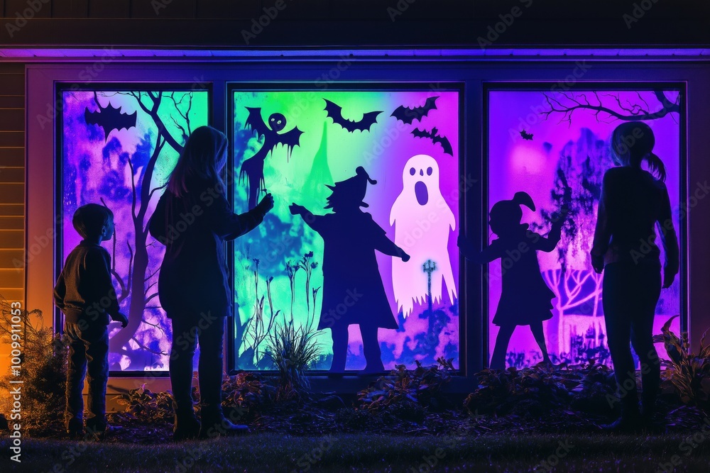 Family Decorating Windows with Spooky Halloween Silhouettes Family Decorating Windows with Spooky Halloween Silhouettes