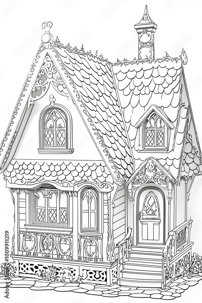Naklejka premium A detailed illustration of a charming, intricately designed cottage with a gabled roof, ornate windows, and a welcoming porch.